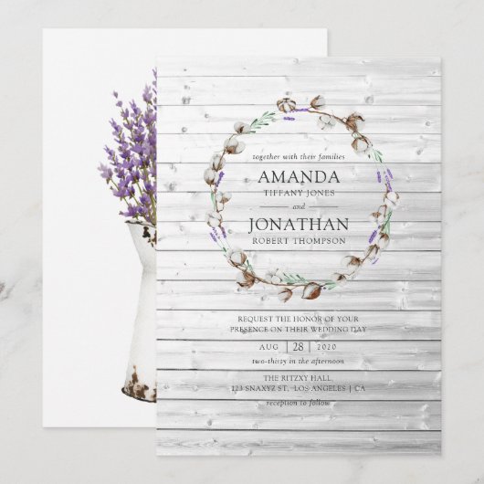Rustic Cotton Lavender Wedding Kaart (Voorkant / Achterkant)