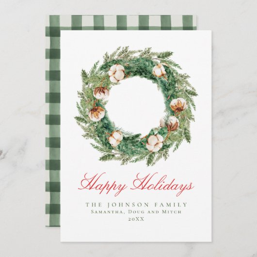 Rustic Cotton Wreate Green Pset Check Kerstmis Feestdagenkaart (Voorkant / Achterkant)