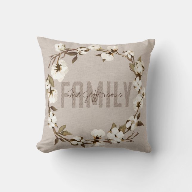 Rustic Cotton Wreath familienaam Monogram Kussen (Voorkant)