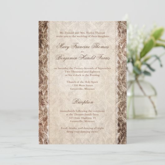 Rustic Country Antler + Lace Wedding Invitations Kaart (Staand voorkant)