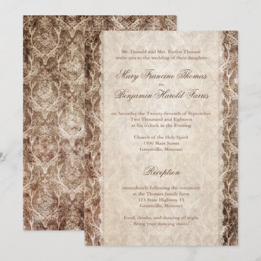 Rustic Country Antler + Lace Wedding Invitations Kaart (Voorkant / Achterkant)