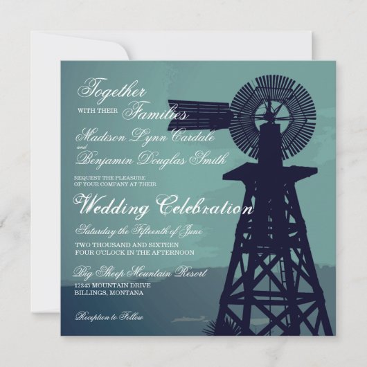 Rustic Country Aqua Windmill Wedding Invitations Kaart (Voorkant)