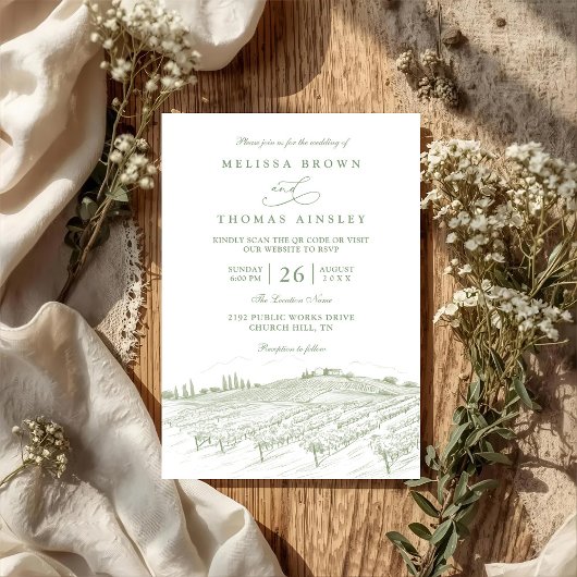 Rustic Country Art Line Elegant QR Code Wedding Kaart