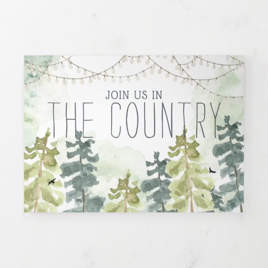 Rustic Country Barn Forest Wedding Drieluik Uitnodiging (Cover)