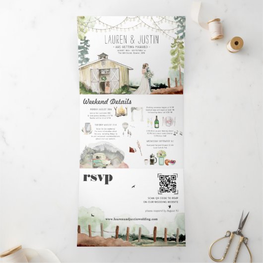 Rustic Country Barn Forest Wedding Drieluik Uitnodiging (Binnen)