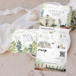 Rustic Country Barn Forest Wedding Drieluik Uitnodiging<br><div class="desc">Plaats de toon voor een opwindend trouwweekend met een douane reisuitnodiging. Deze uitnodiging is een geweldige manier om je gasten aanvullende informatie te geven over de bruiloft. Deze kaarten kunnen een lijst maken van de feestelijkheden rond je trouwweekend, zoals welkome cocktails, na feestjes en 's ochtends na de brunches. Als...</div>