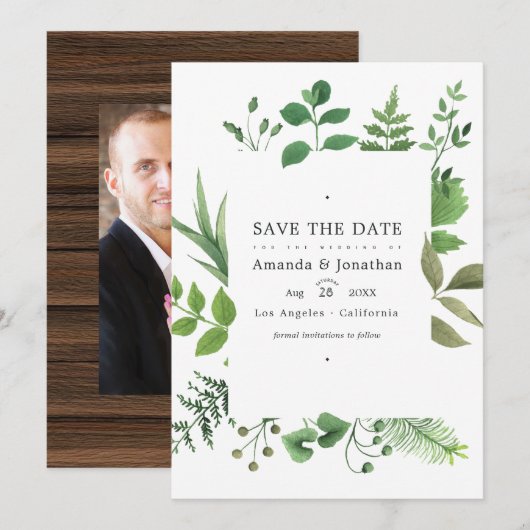 Rustic Country Barn Greenery Wedding Foto Save The Date (Voorkant / Achterkant)