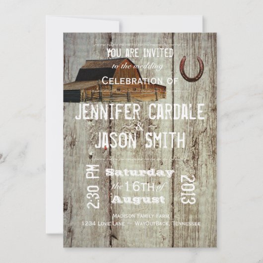 Rustic Country Barn Hoefijzer Wedding Invitations Kaart (Voorkant)