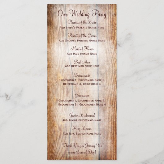Rustic Country Barn Wood Custom Wedding Programs Programmakaart (Achterkant)