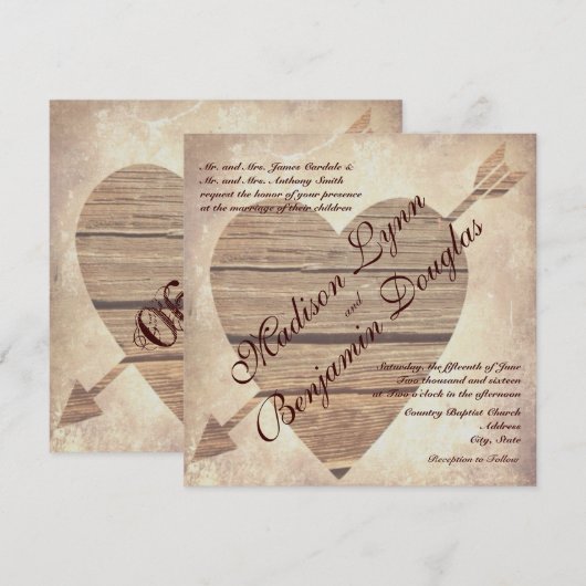 Rustic Country Barn Wood Heart Wedding Invitations Kaart (Voorkant / Achterkant)