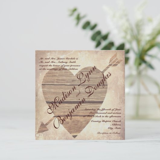 Rustic Country Barn Wood Heart Wedding Invitations Kaart (Staand voorkant)
