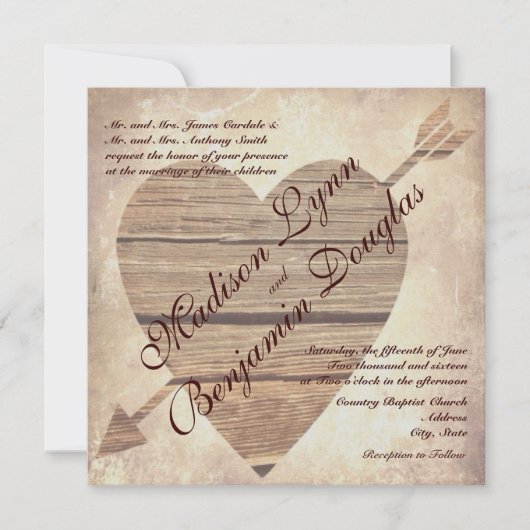 Rustic Country Barn Wood Heart Wedding Invitations Kaart (Voorkant)