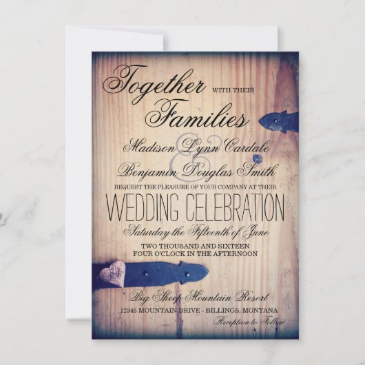 Rustic Country Barn Wood Latch Wedding Invitations Kaart (Voorkant)