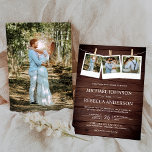 Rustic Country Barn Wood Photo Collage Wedding Kaart<br><div class="desc">Verrijk je gasten met deze elegante uitnodiging voor een bruiloft met een mooi plaatje van de clothesline foto op een rustige houten achtergrond. Voeg eenvoudig uw gebeurtenisdetails op deze makkelijk te gebruiken sjabloon toe en voeg deze kaart met uw favoriete foto's toe om tot het één-van-een-soort uitnodiging te maken.</div>