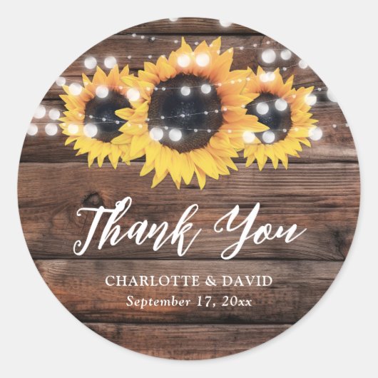 Rustic Country Barn Wood Sunflower Wedding Ronde Sticker (Voorkant)