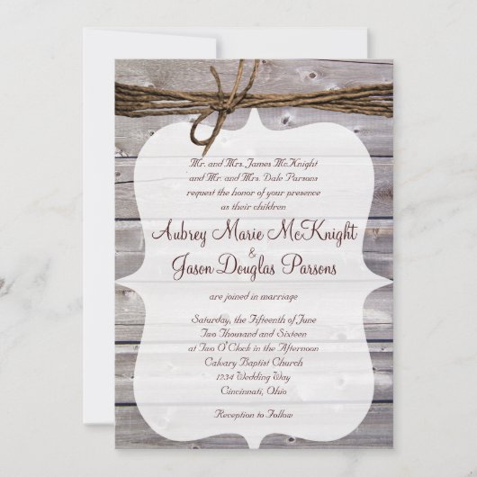 Rustic Country Barn Wood Twine Wedding Invitding Kaart (Voorkant)