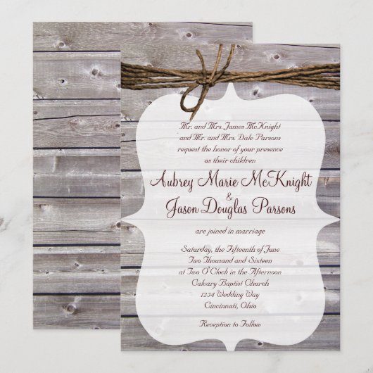 Rustic Country Barn Wood Twine Wedding Invitding Kaart (Voorkant / Achterkant)