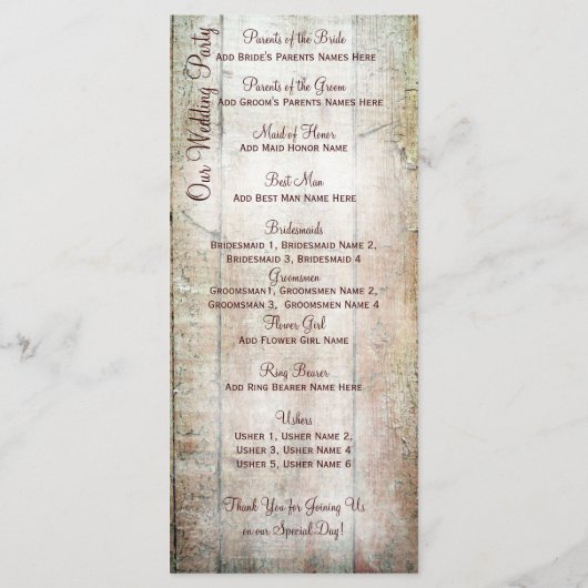 Rustic Country Barn Wood Vertical Wedding Programs Programmakaart (Achterkant)