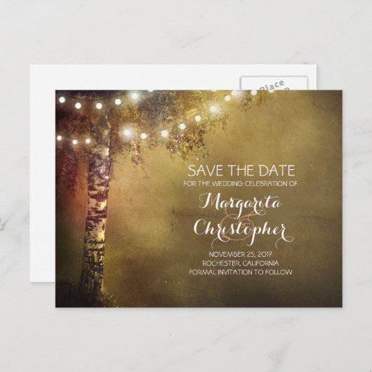 Rustic Country Birch Tree & Lights Sla de datum op Aankondigingskaart (Voorkant / Achterkant)