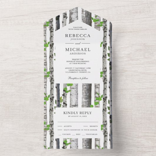 Rustic Country Birch Trees Wedding All In One Uitnodiging (Binnen)