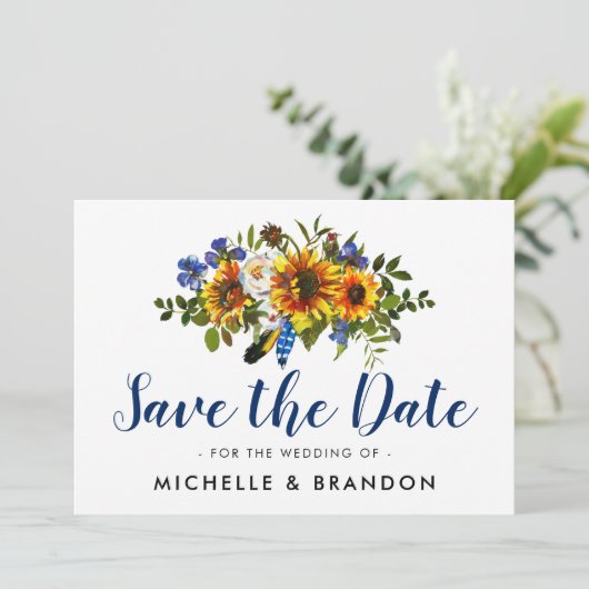 Rustic Country Blauw en Geel Save the Date (Staand voorkant)