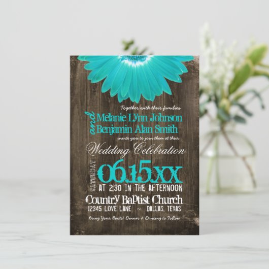Rustic Country Blauwgroen Daisy Wood Wedding Invit Kaart (Staand voorkant)