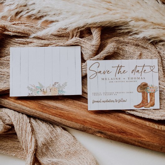 Rustic Country Boots en Pet Floral Save the Date Informatiekaartje