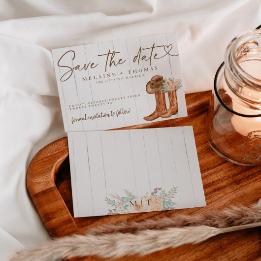 Rustic Country Boots en Pet Floral Save the Date Informatiekaartje