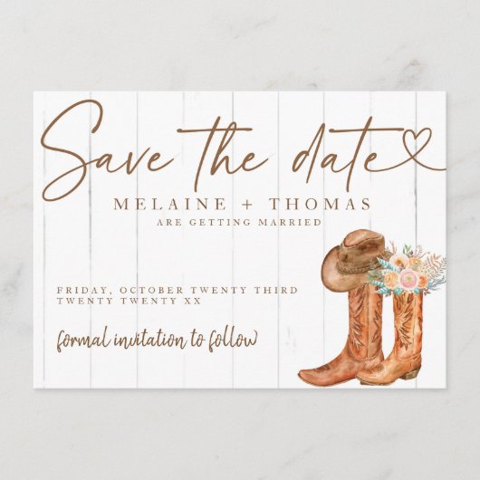 Rustic Country Boots en Pet Floral Save the Date Informatiekaartje (Voorkant)