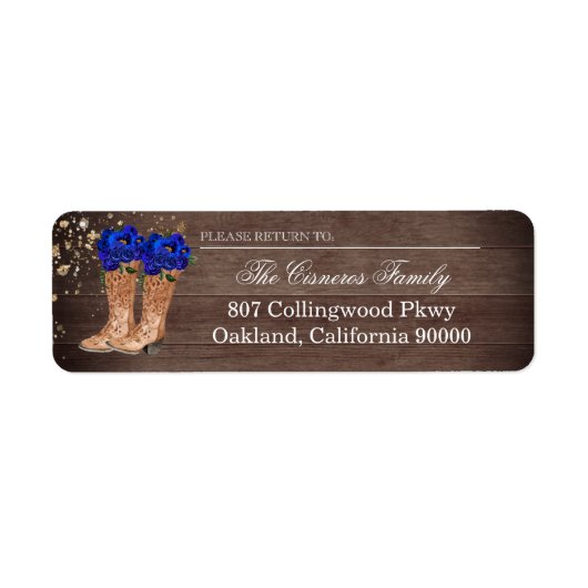 Rustic Country Boots Royal Blue Rozen Address Etiket (Voorkant)