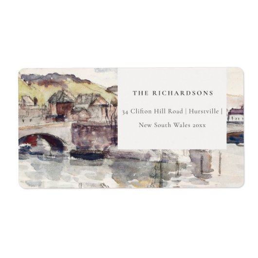 Rustic Country Bridge Riverside Waterverf Adres Etiket (Voorkant)