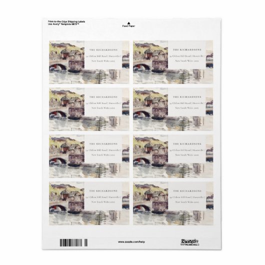 Rustic Country Bridge Riverside Waterverf Adres Etiket (Full Sheet)