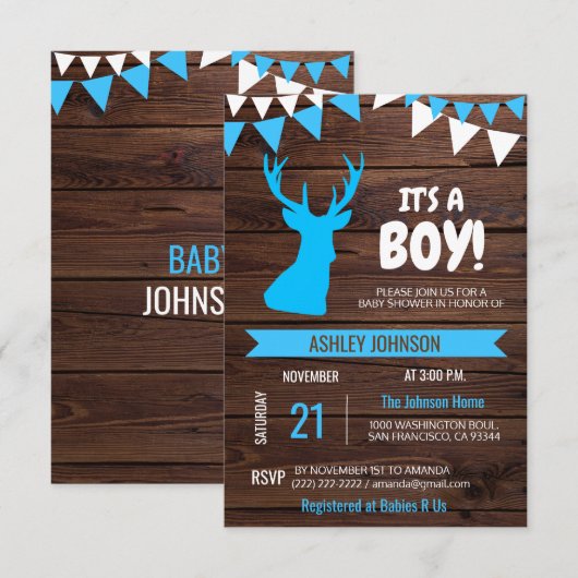 Rustic Country Buck Deer BOY Baby shower nodigt ui Kaart (Voorkant / Achterkant)