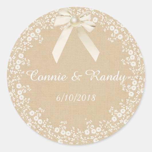 Rustic Country Burlap and Lace Wedding Sticker (Voorkant)