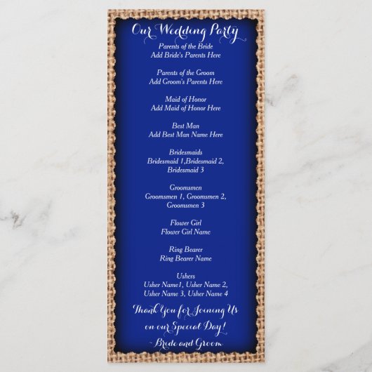 Rustic Country Burlap Blue Wedding Programs Programmakaart (Achterkant)