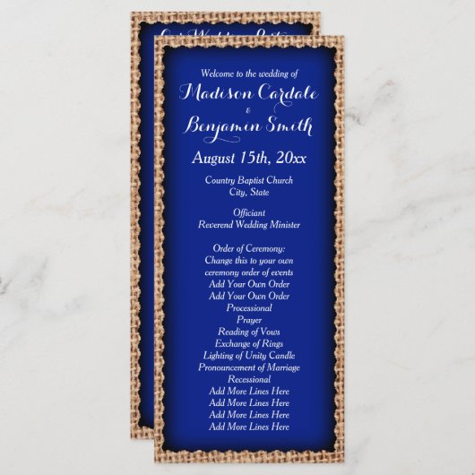 Rustic Country Burlap Blue Wedding Programs Programmakaart (Voorkant / Achterkant)