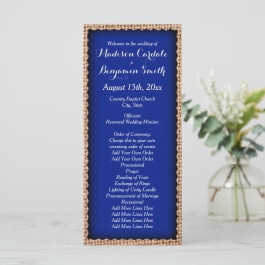 Rustic Country Burlap Blue Wedding Programs Programmakaart (Staand voorkant)