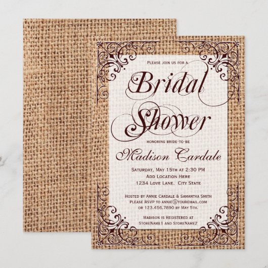 Rustic Country Burlap Bridal Shower-uitnodigingen Kaart (Voorkant / Achterkant)