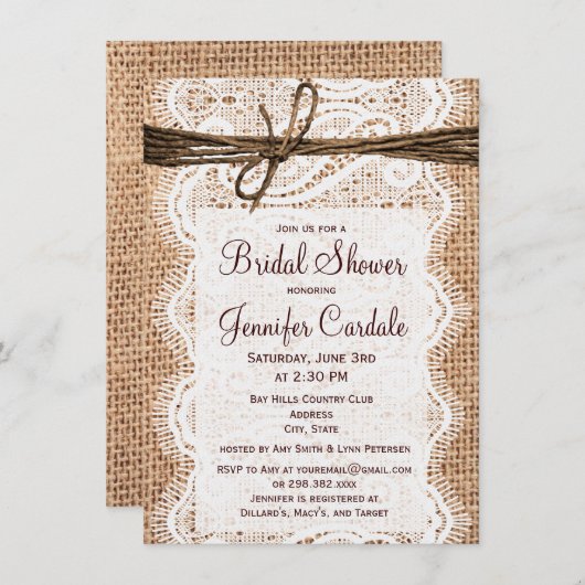 Rustic Country Burlap Bridal Shower-uitnodigingen Kaart (Voorkant / Achterkant)
