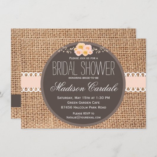 Rustic Country Burlap Bridal Shower-uitnodigingen Kaart (Voorkant / Achterkant)