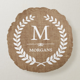 Rustic Country Burlap Chic Laurel Wreath Monogram Rond Kussen