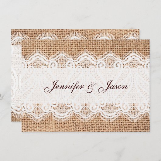 Rustic Country Burlap en Lace Wedding Invitations Kaart (Voorkant / Achterkant)