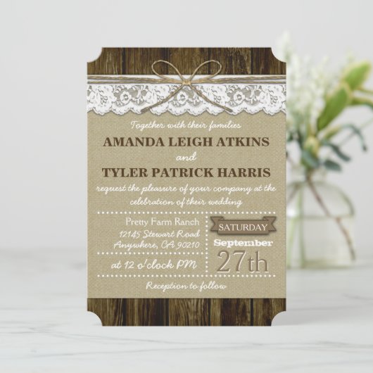 Rustic Country Burlap en Lace Wedding Invitations Kaart (Staand voorkant)