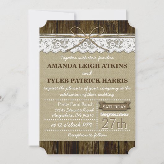 Rustic Country Burlap en Lace Wedding Invitations Kaart (Voorkant)