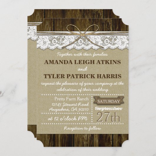 Rustic Country Burlap en Lace Wedding Invitations Kaart (Voorkant / Achterkant)