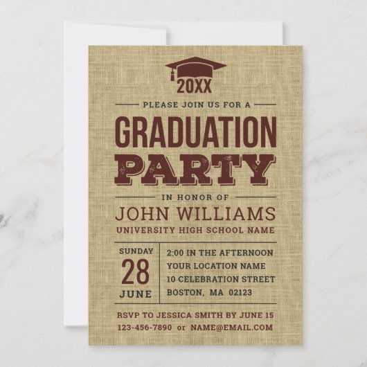 Rustic Country Burlap Graduparty Kaart (Voorkant)