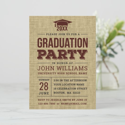 Rustic Country Burlap Graduparty Kaart (Staand voorkant)