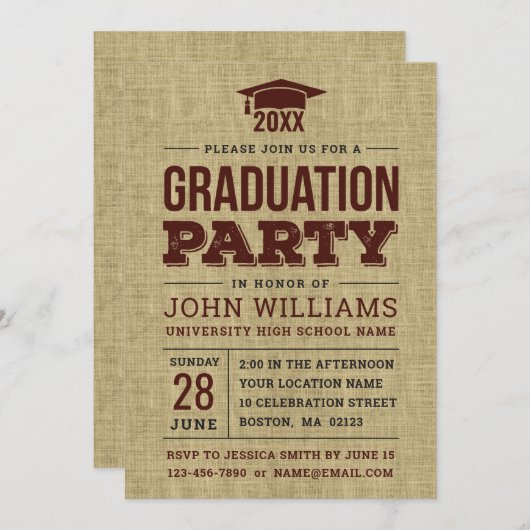  Rustic Country Burlap Graduparty Kaart (Voorkant / Achterkant)