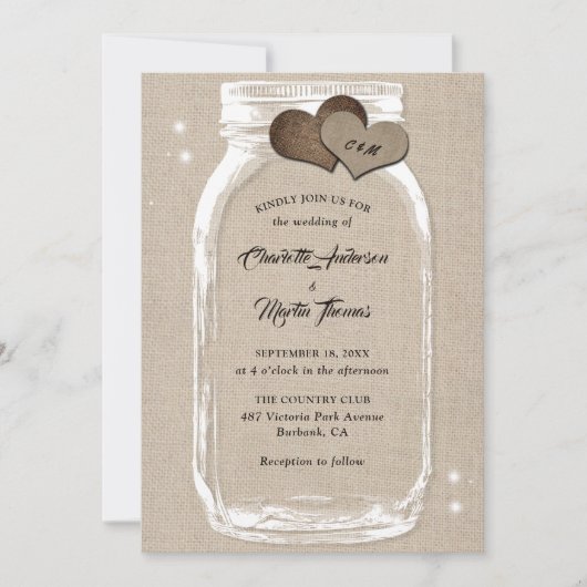 Rustic Country Burlap Hearts Mason Jar Wedding Kaart (Voorkant)