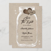 Rustic Country Burlap Hearts Mason Jar Wedding Save The Date (Voorkant / Achterkant)